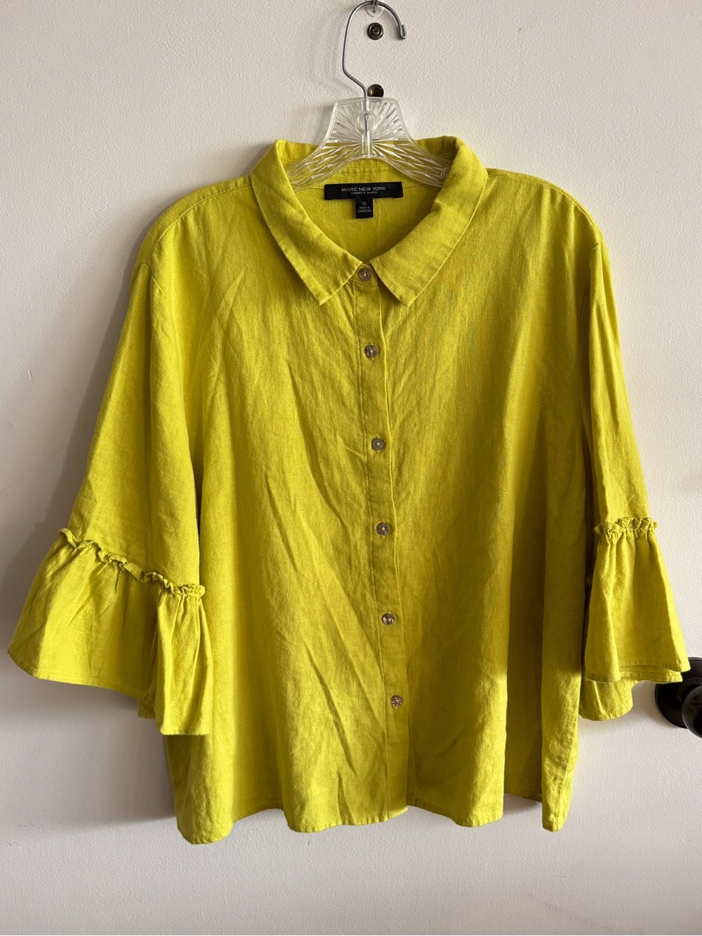 Marc New York Linen blend Chartreuse Ruffle-Sleeve Button Down Shirt XL Fall